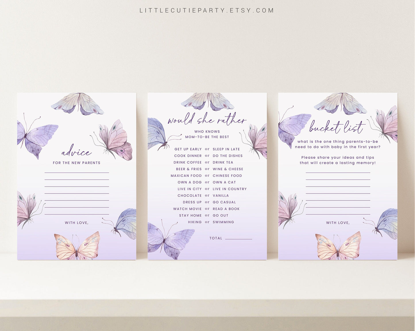 10 Editable Purple Butterfly Babyshower Games, Baby Shower Games Bundle, Gender Neutral Party Games BTFBS002