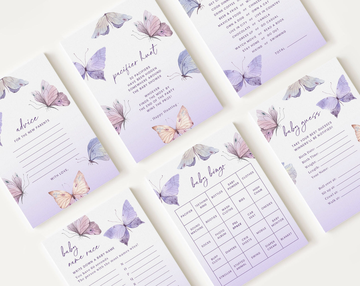 10 Editable Purple Butterfly Babyshower Games, Baby Shower Games Bundle, Gender Neutral Party Games BTFBS002