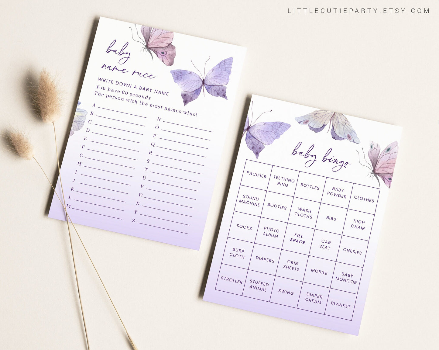 10 Editable Purple Butterfly Babyshower Games, Baby Shower Games Bundle, Gender Neutral Party Games BTFBS002