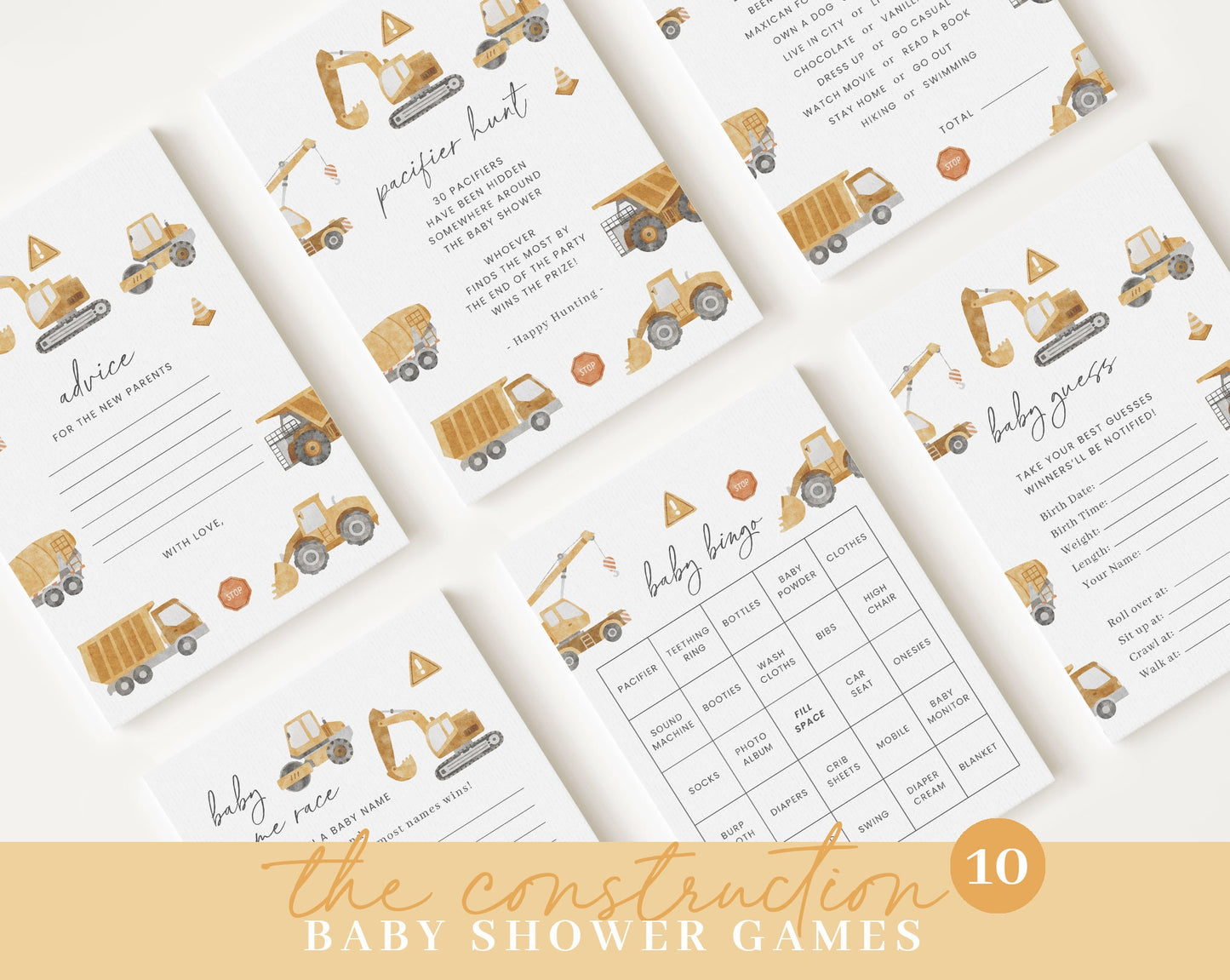 Editable Construction Baby Shower Bundle, Construction Baby Shower Invitation Set with Games Bundle and All Decorations CONSBS001