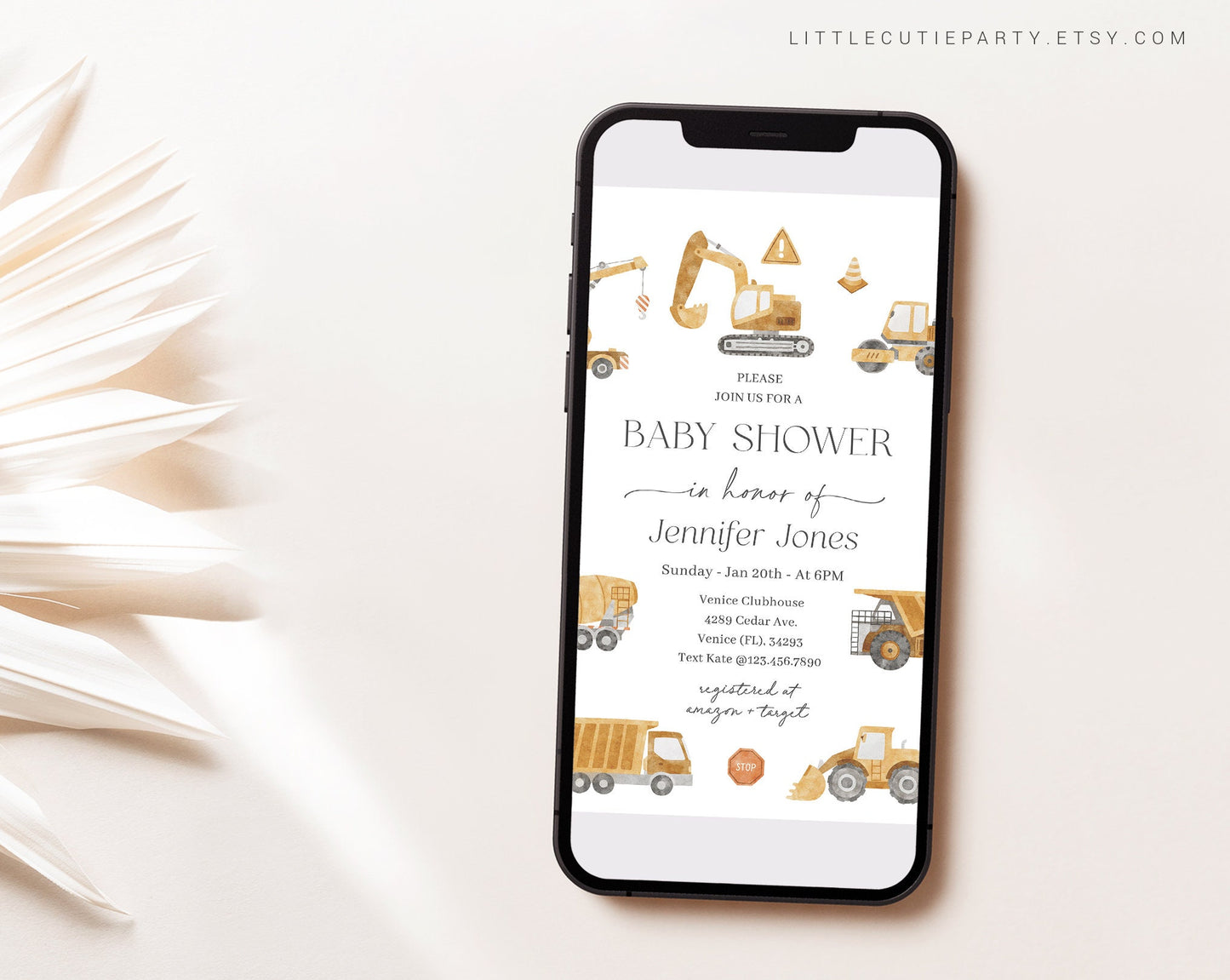 Editable Construction Baby Shower Invite, Construction Baby Shower Evite, Truck Baby Shower Digital Invite for Construction Party CONSBS001