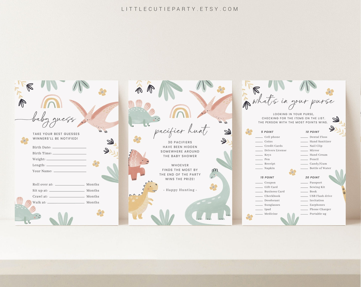 10 Editable Dinosaur Baby Shower Games, Dino Shower Games Bundle, Pastel Dinosaur Gender Neutral Party Games DINOBS001