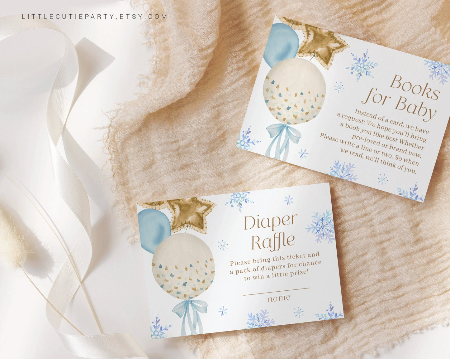Editable Blue Winter Wonderland Baby Shower Invitation for Boy, Snowflake Baby Shower with Diaper Raffle, Books for Baby and Tag WINWBS001