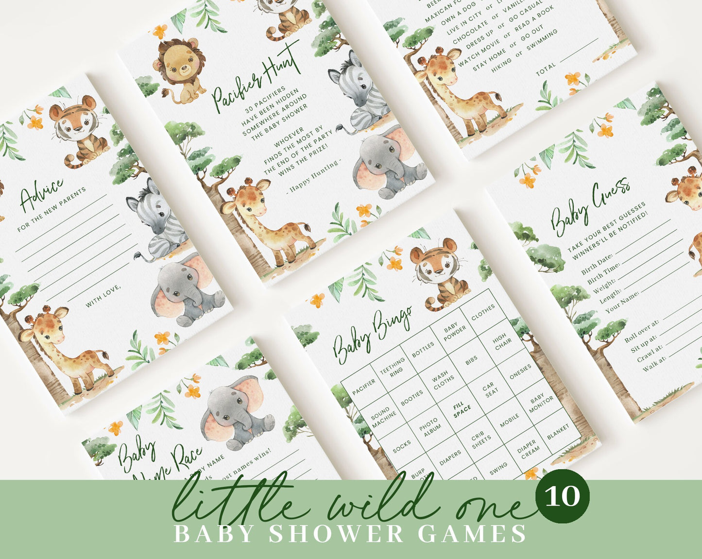 Editable Safari Bundle, Safari Baby Shower Bundle, Wild One Baby Shower Invitation Set with Games Bundle and Decor SAFRBS001
