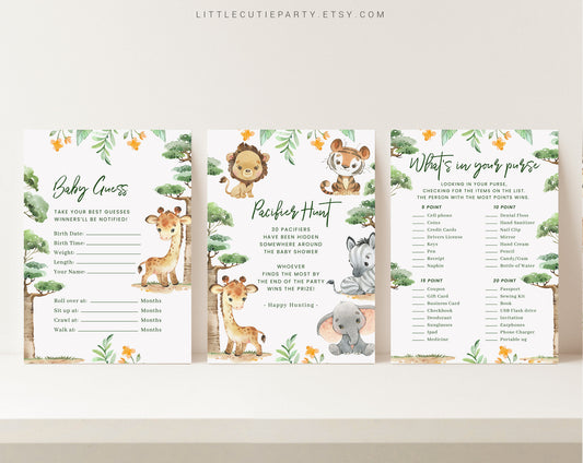 10 Editable Safari Baby Games, Safari Baby Shower Games, Games Bundle, Neutral Baby Shower Party Games SAFRBS001