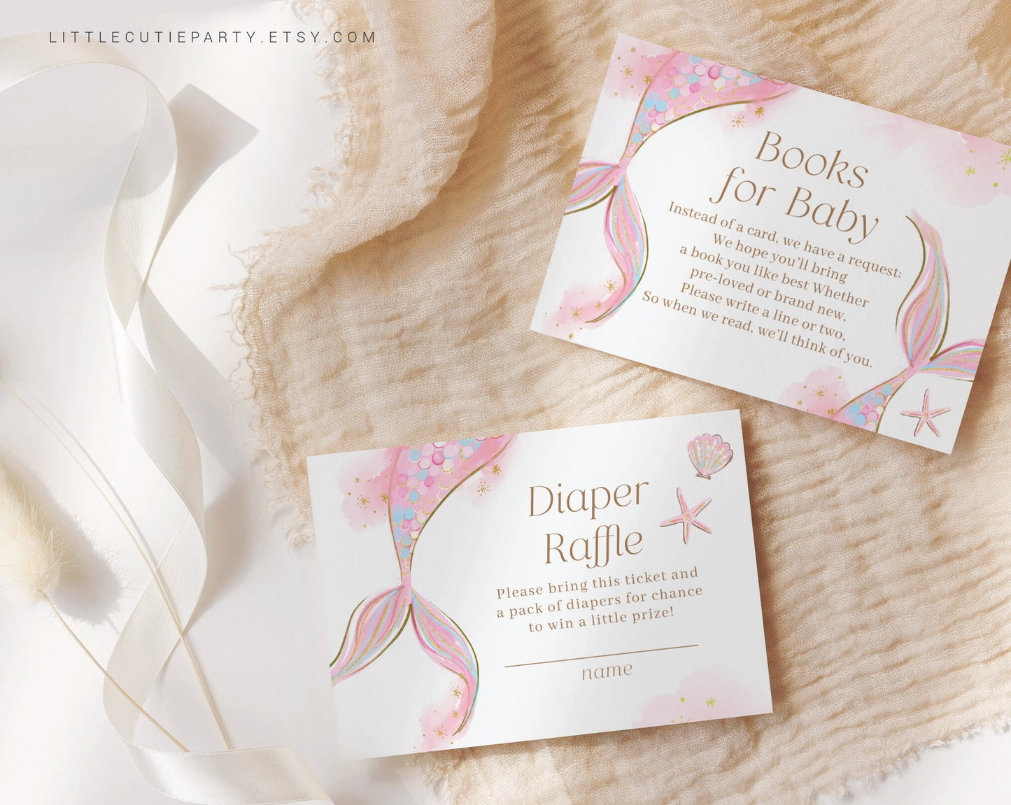 Editable Mermaid Baby Shower Invitation, Pink Mermaid Baby Shower, Mermaid Invite with Diaper Raffle, Books for Baby and Gift Tag MRMBS001