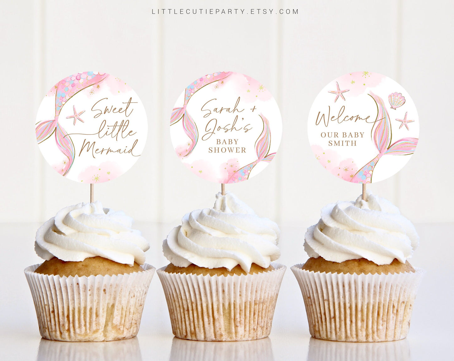 Editable Mermaid Baby Shower Cupcake Toppers, Cake Toppers, Baby Shower Cake Topper for Mermaid Baby Shower Decorations MRMBS001