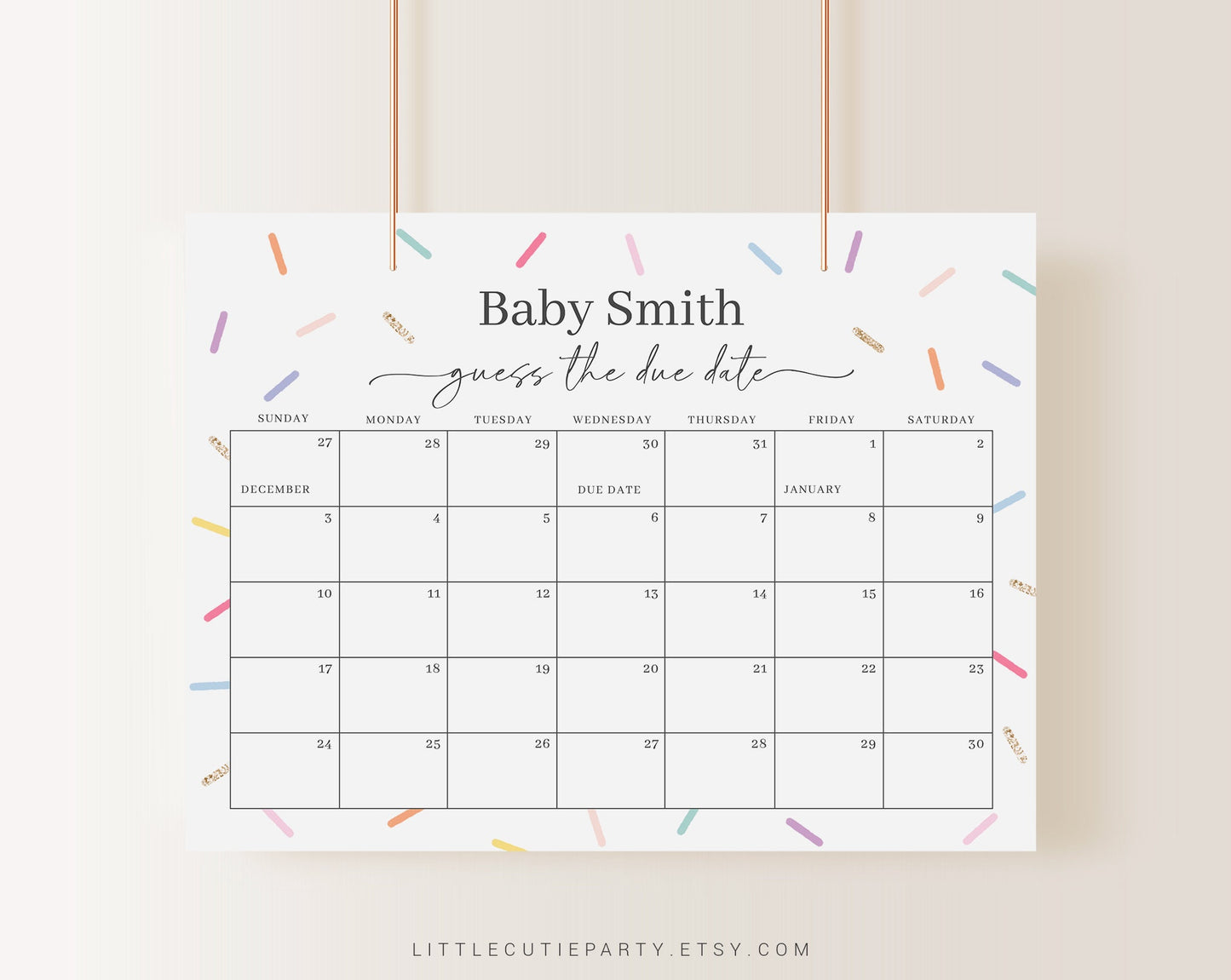 Editable Baby Sprinkle Calendar, Baby Sprinkle Due Date Calendar, Baby Shower Due Date Calendar Games for Shower Party SPKBS001