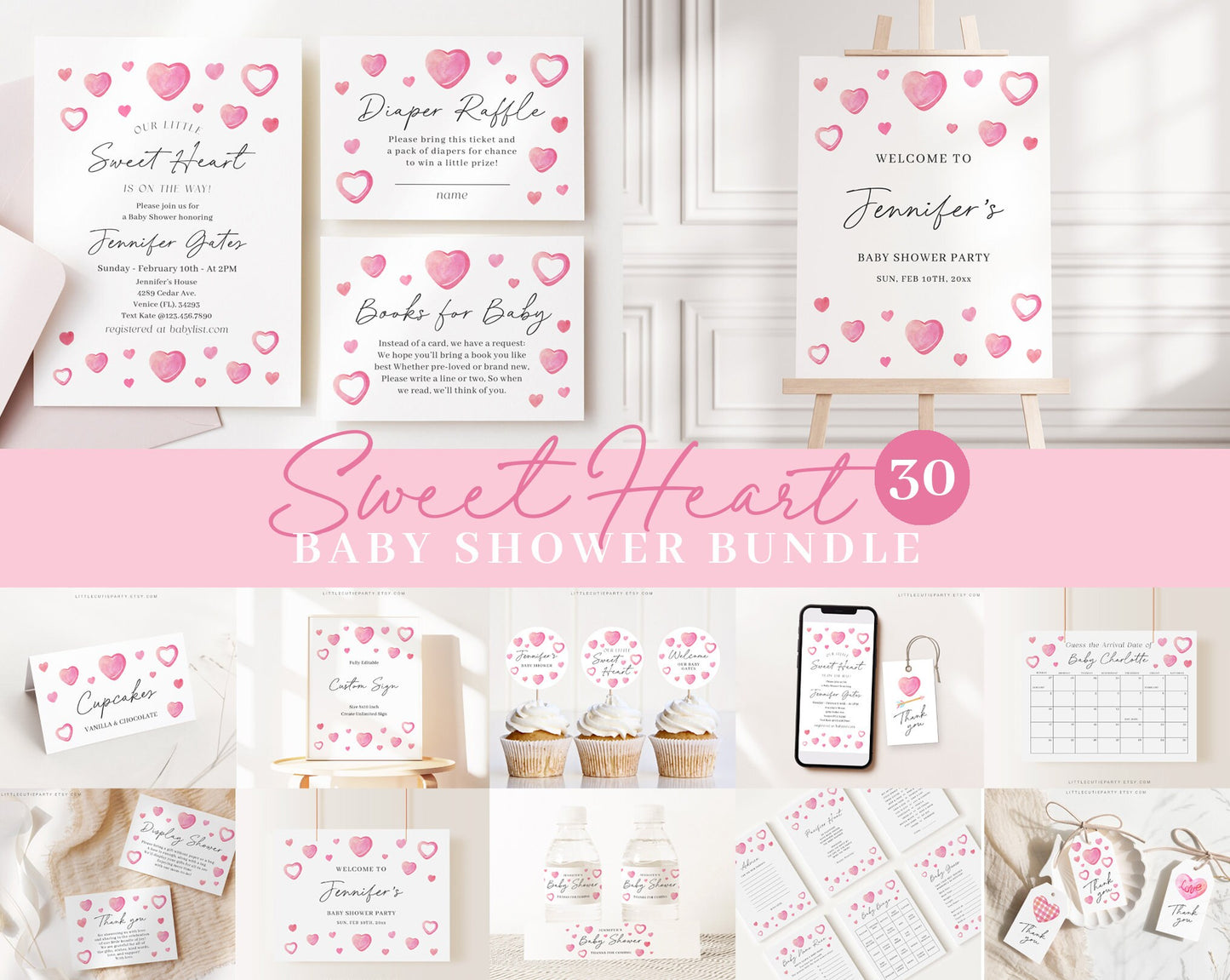 Editable A Little Sweetheart Baby Shower Invitation Bundle, Valentine Baby Shower with Love Games Bundle and All Heart Decorations SWHBS001