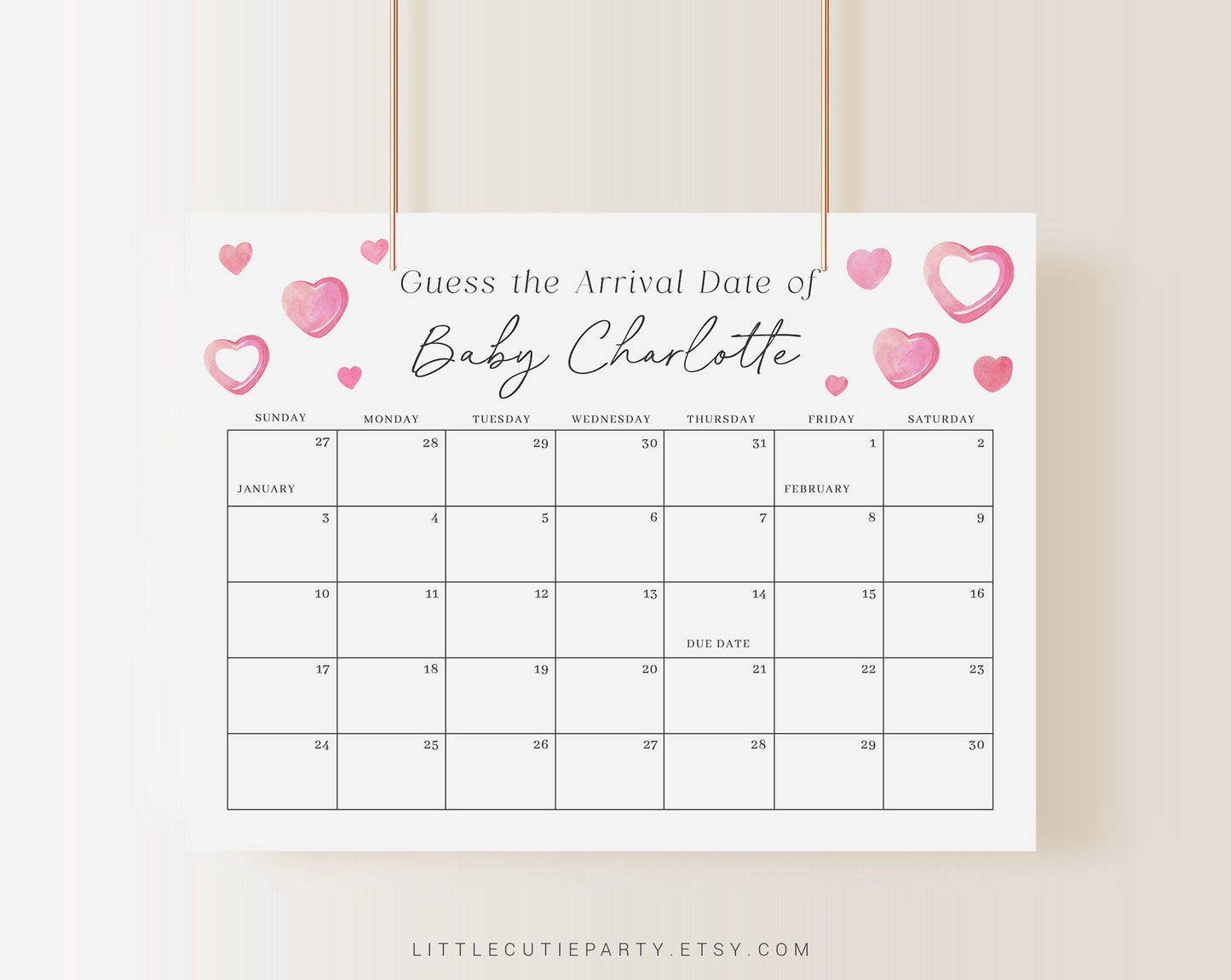 Editable A Little Sweetheart Baby Shower Due Date, Guess Due Date Calendar for Heart Baby Shower Party, Guess the Arrival Date SWHBS001