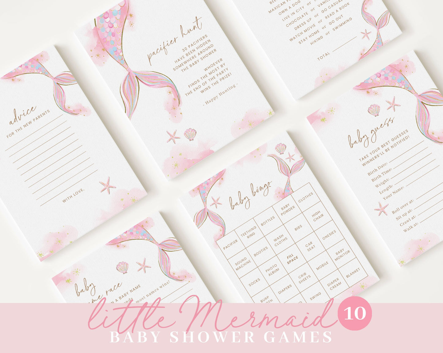 Editable Mermaid Baby Shower Invitation Bundle, Mermaid Bundle, Mermaid Baby Shower Invitation Set with Games Bundle and Decor MRMBS001