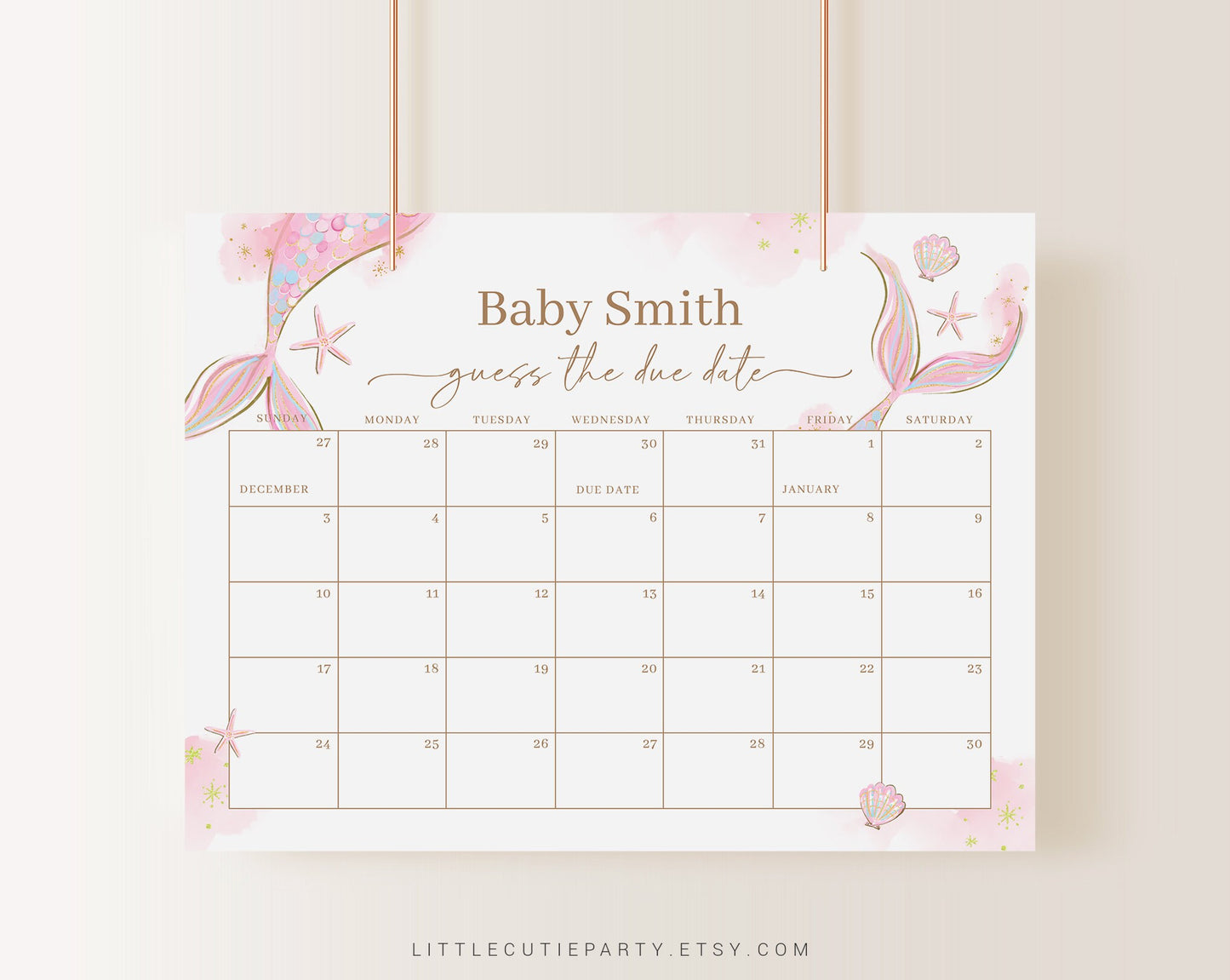 Editable Mermaid Baby Shower Calendar, Pink Mermaid Tail Due Date Calendar, Due Date Calendar Games for Shower Party MRMBS001