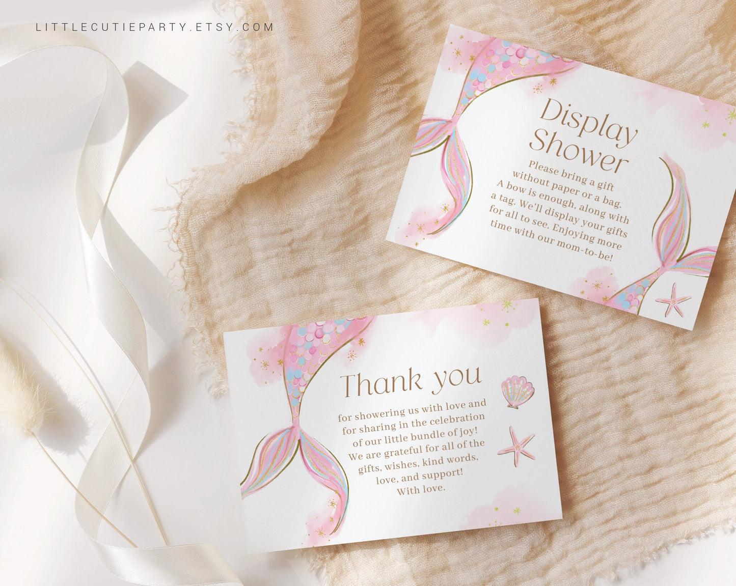Editable Pink Mermaid Tail Baby Shower Thank you Card, Baby Shower Display Card for Mermaid Baby Shower Party MRMBS001