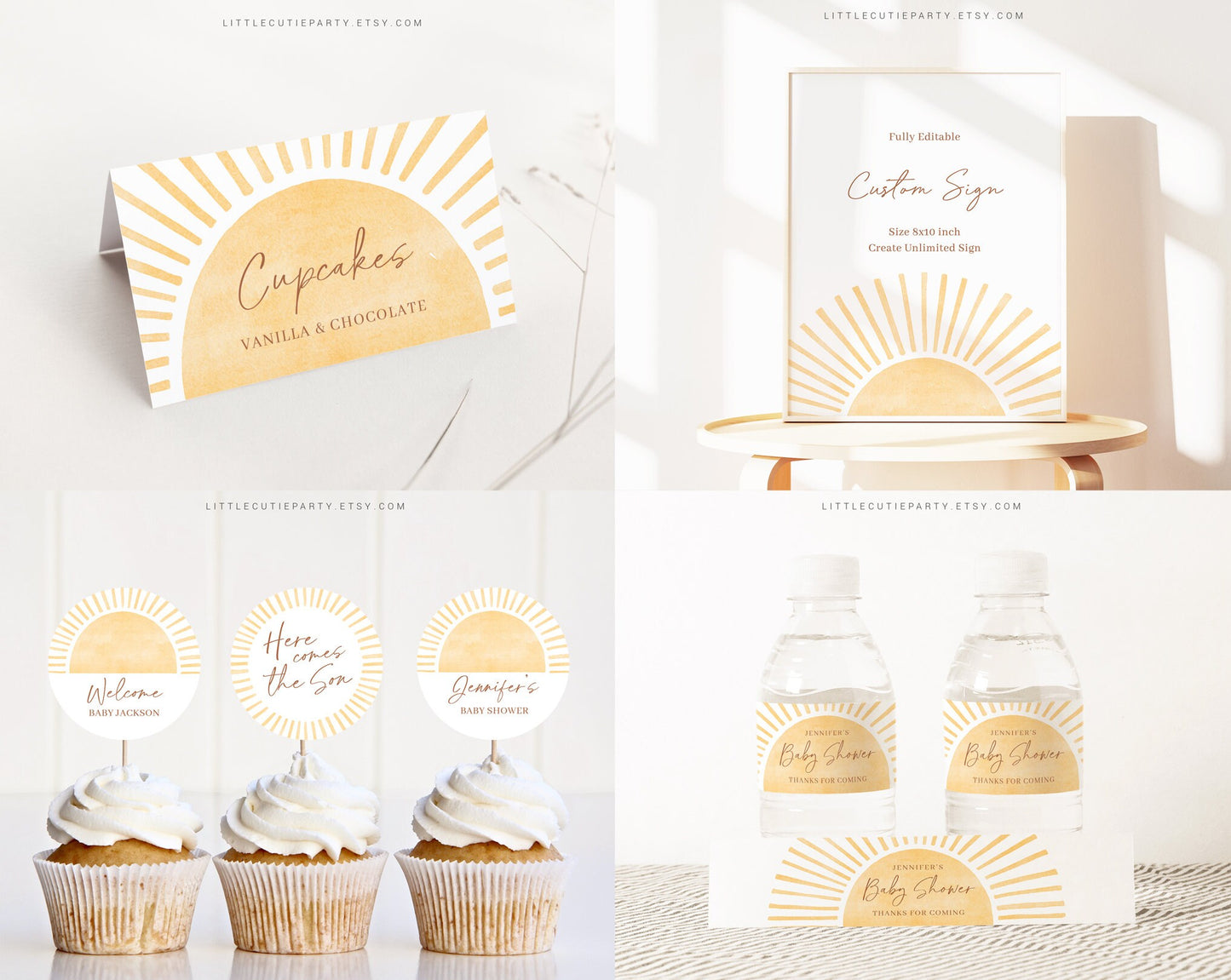 Editable Here Comes the Son Baby Shower Invitation Bundle, A Little Ray of Sunshine Baby Shower Invite with Games and All Decor SUNBS002