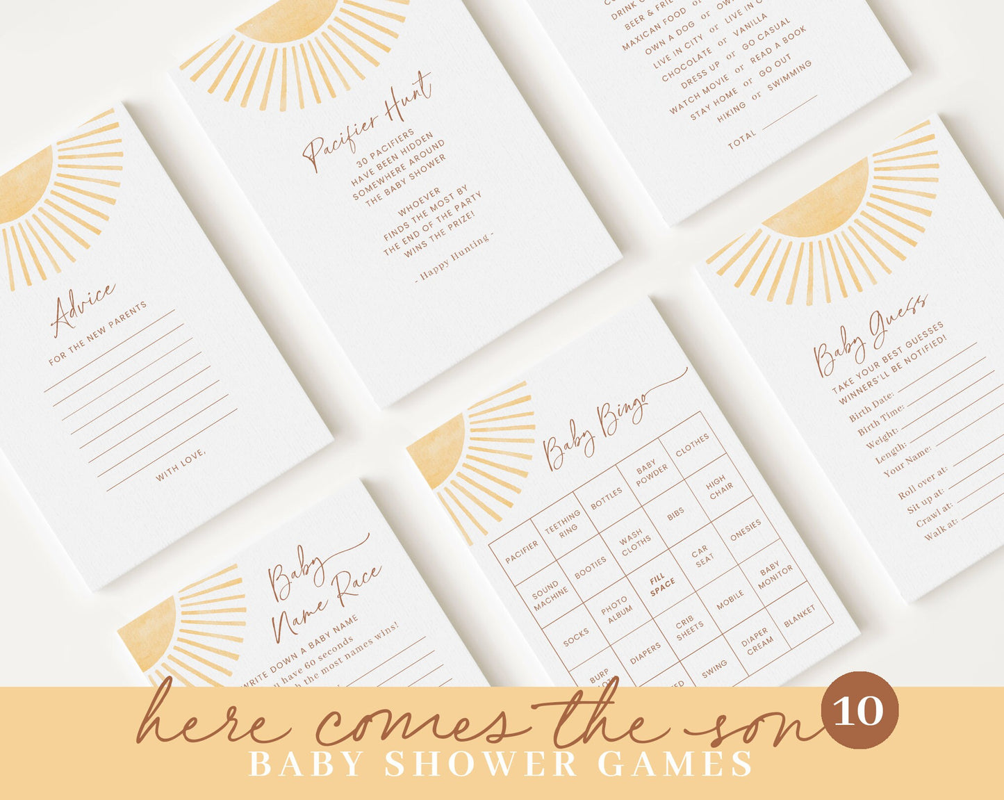 Editable Here Comes the Son Baby Shower Invitation Bundle, A Little Ray of Sunshine Baby Shower Invite with Games and All Decor SUNBS002