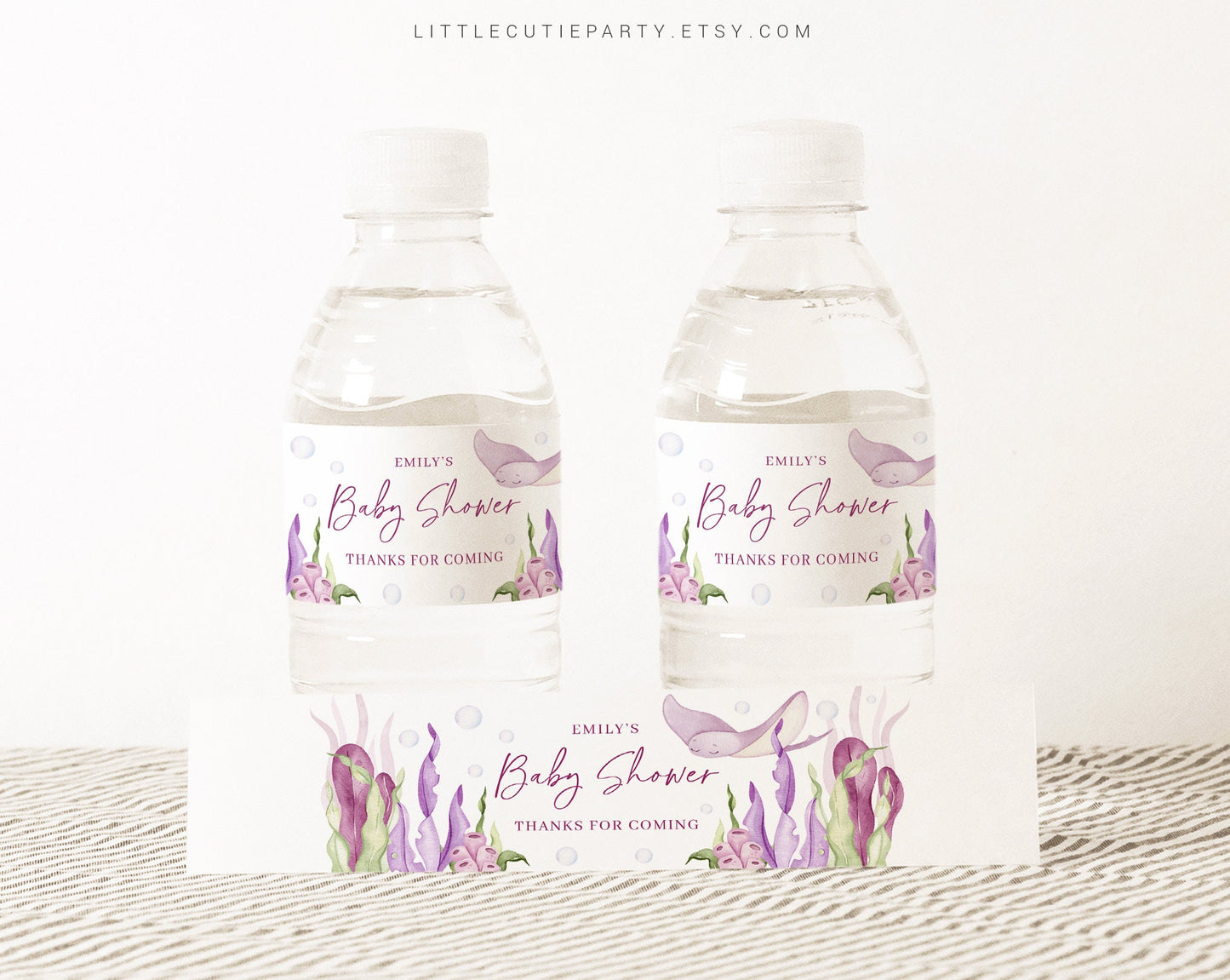 Editable Pink Ocean Girl Water Bottle Labels, Under the Sea Girl Bottle Labels, Pink Baby Shower Decorations OCNPBS001