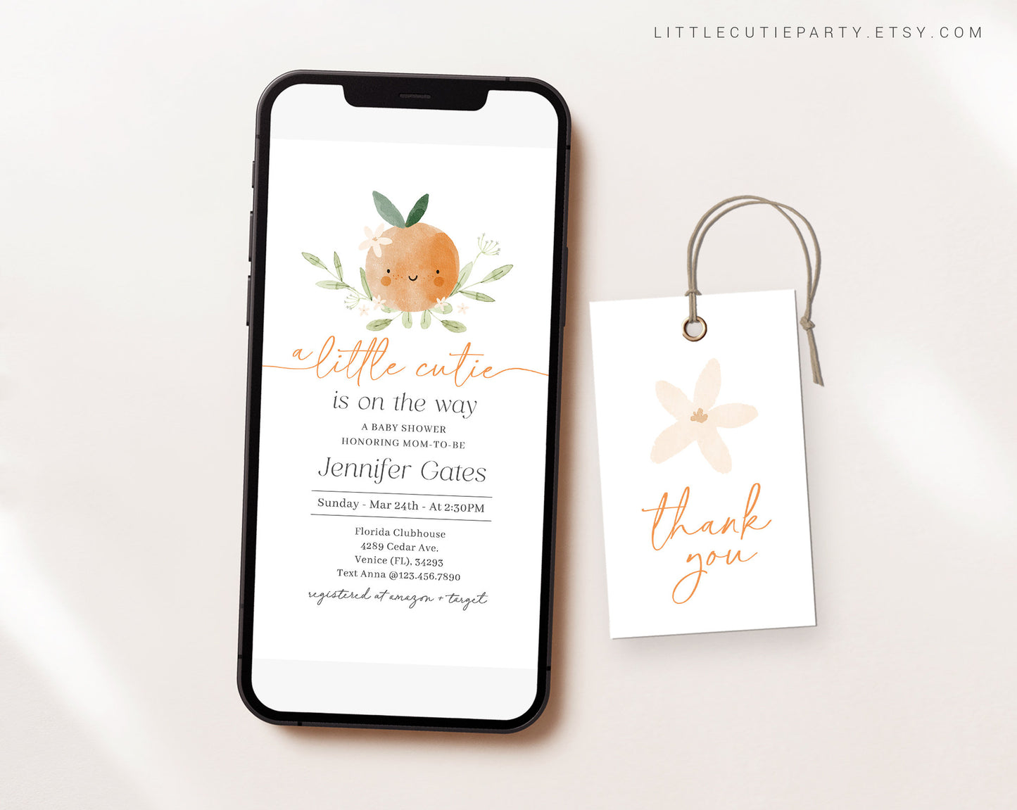 Editable Little Cutie Invite, A Little Cutie Baby Shower Evite, Baby Shower Digital Invitation for Little Orange Party LITTBS003