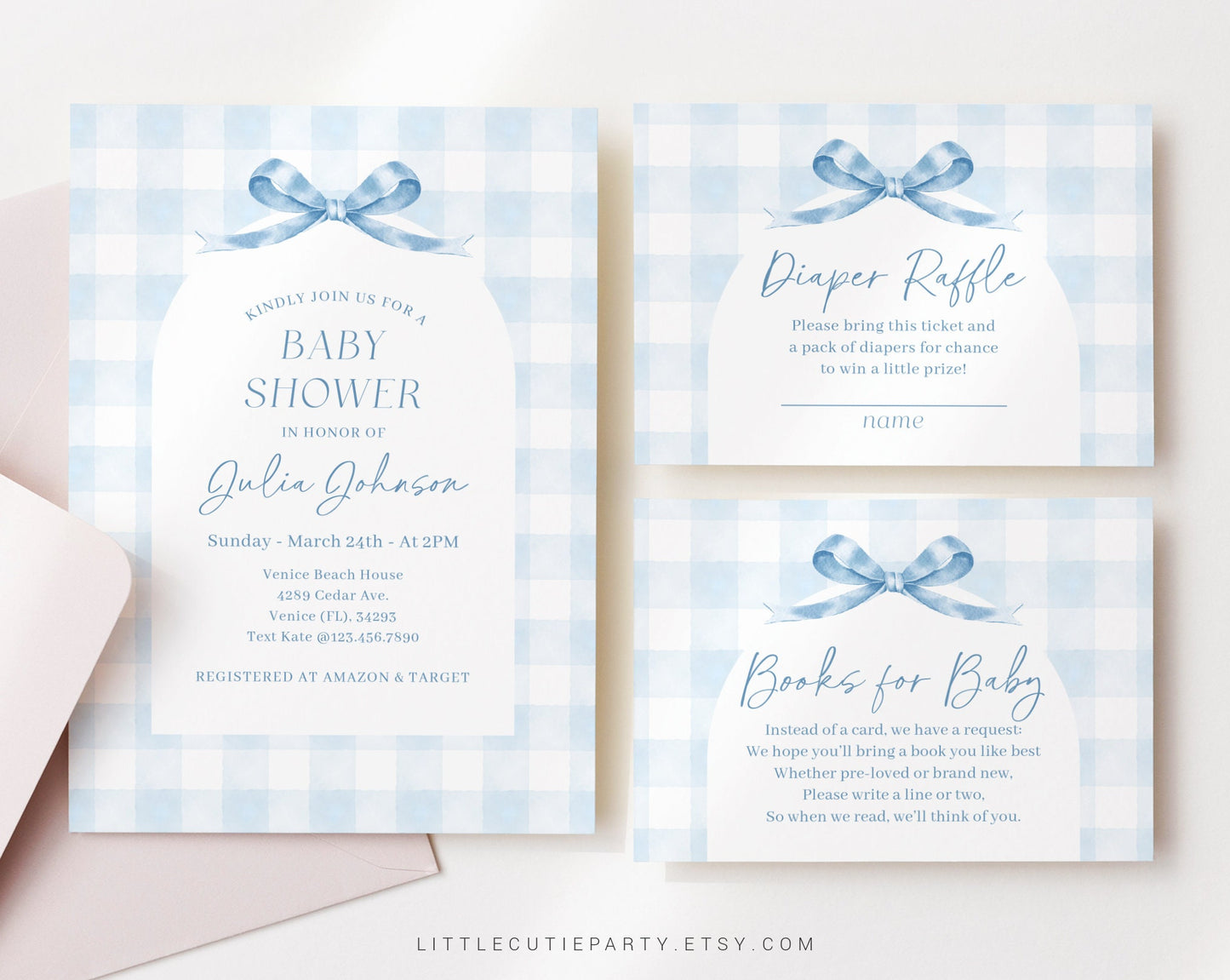 Editable Blue Gingham Baby Shower Invitation, Baby Blue Boy Baby Shower Invite, Gingham with Diaper Raffle, Books for Baby and Tag BGHBS001