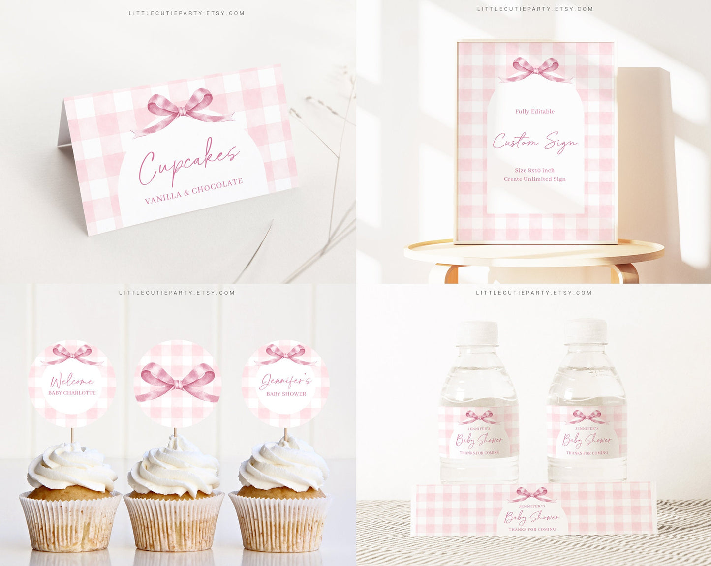 Editable Pink Bow Baby Shower Invitation Bundle, Pink Gingham Baby Shower Bundle Set with Baby Game Bundle and Shower Decorations PGHBS001