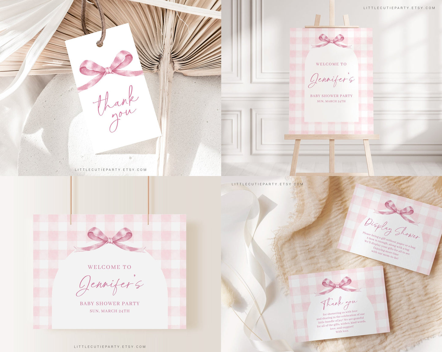 Editable Pink Bow Baby Shower Invitation Bundle, Pink Gingham Baby Shower Bundle Set with Baby Game Bundle and Shower Decorations PGHBS001