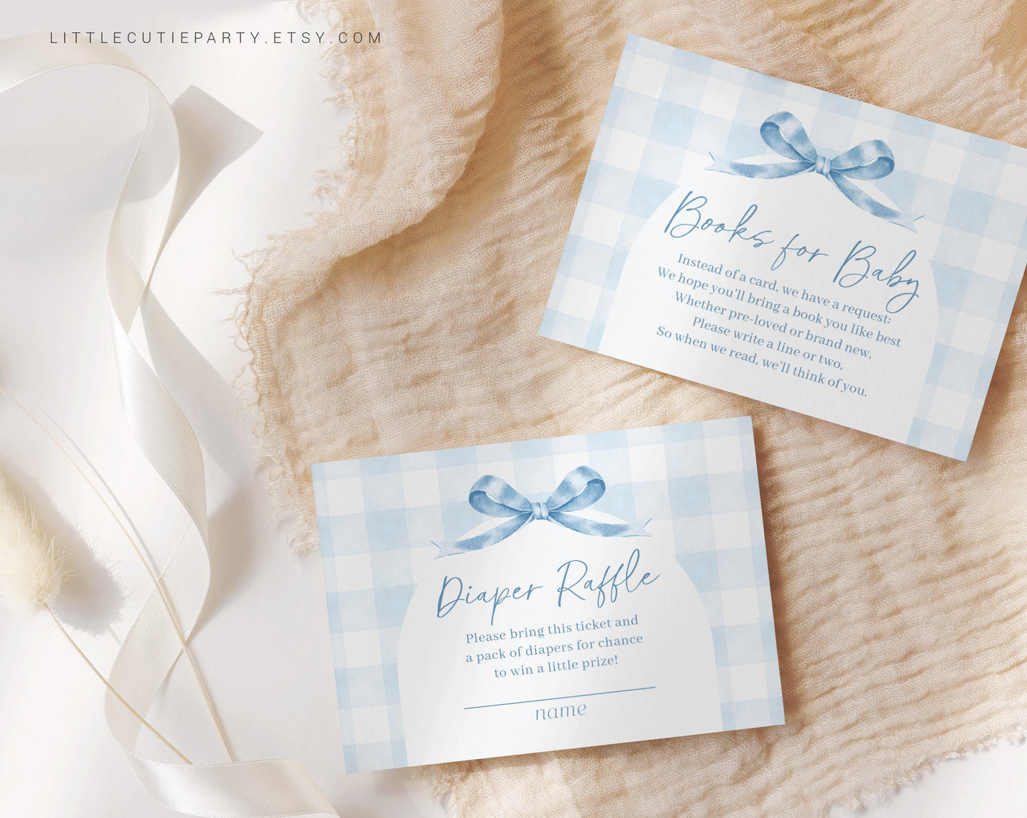 Editable Blue Gingham Baby Shower Invitation, Baby Blue Boy Baby Shower Invite, Gingham with Diaper Raffle, Books for Baby and Tag BGHBS001