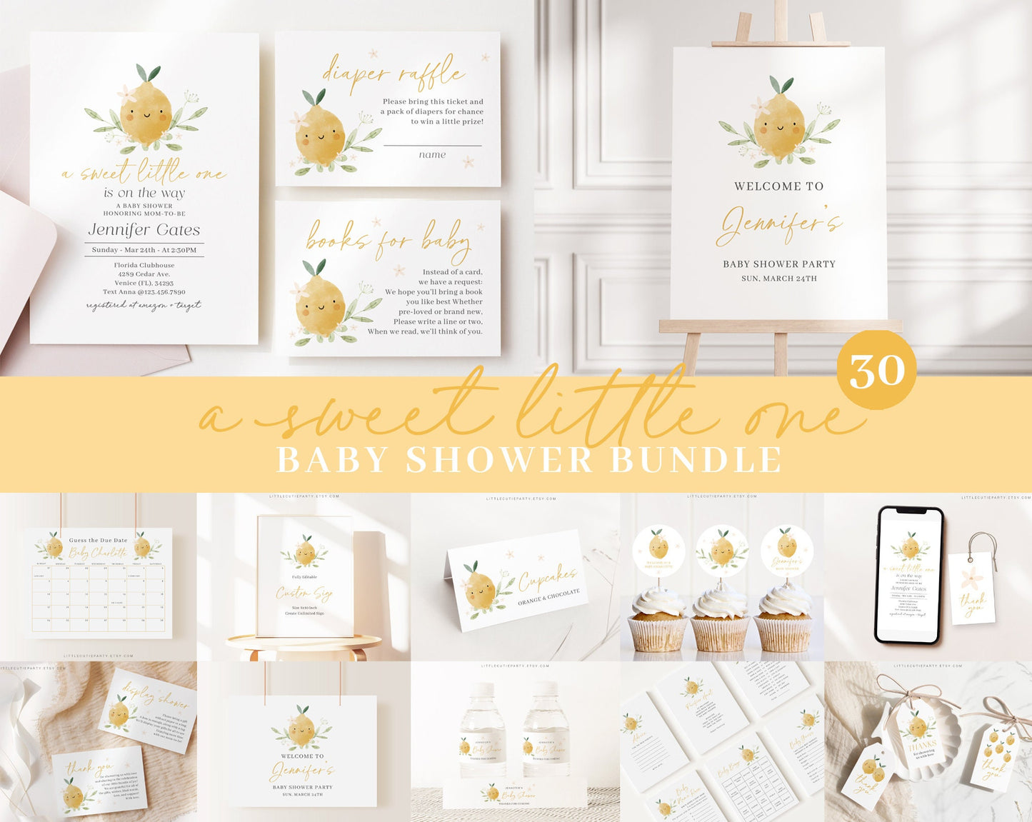 Editable Lemon Baby Shower Invitation Bundle, Lemon Baby Shower Bundle, Bundle Set with Game Bundle, Citrus Baby Shower Decorations LMNBS002
