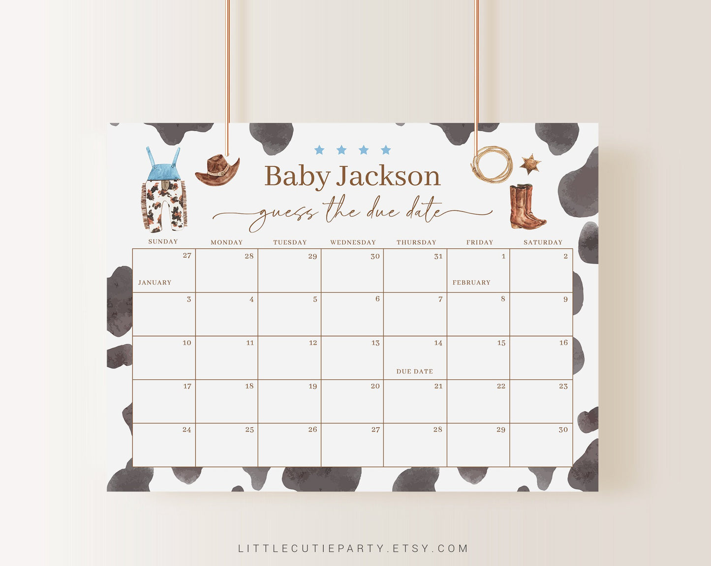Editable Cowboy Baby Shower Calendar, Cowboy Due Date Calendar, Baby Shower Due Date Calendar Games for Shower CWBBS001