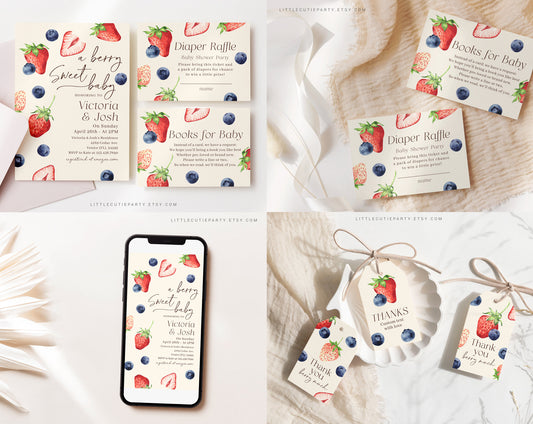 Editable Berry Sweet Baby Shower Invitation Bundle, Berry Baby Shower Bundle, Games Bundle, Blueberry and Strawberry Shower Decor BRSBS001