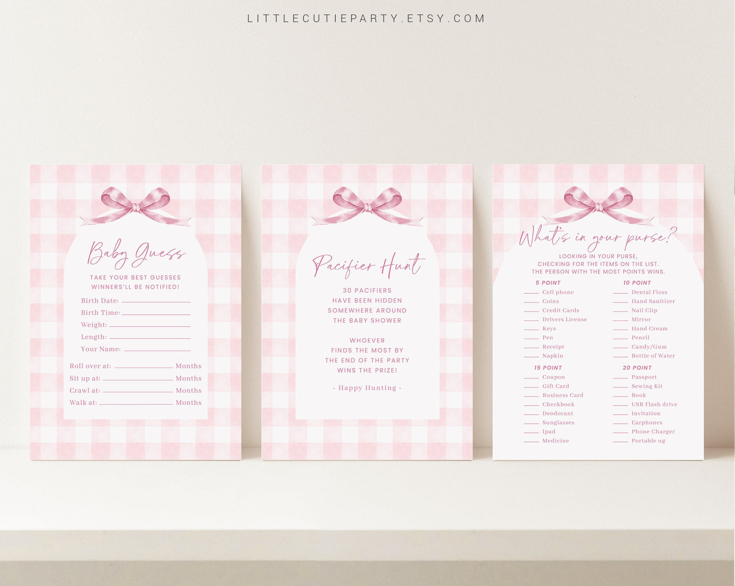 10 Editable Pink Gingham Baby Shower Games, Baby Girl Shower Games Bundle, Pink Bow Baby Game Bundle Set Neutral Baby Shower Games PGHBS001