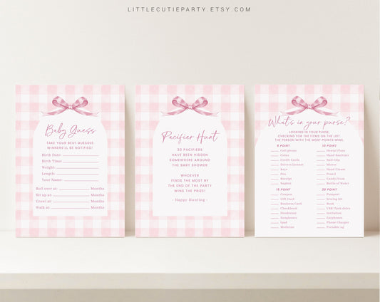 10 Editable Pink Gingham Baby Shower Games, Baby Girl Shower Games Bundle, Pink Bow Baby Game Bundle Set Neutral Baby Shower Games PGHBS001