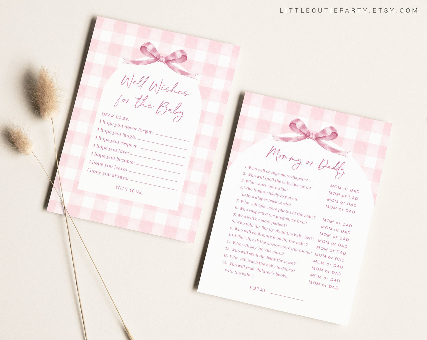 10 Editable Pink Gingham Baby Shower Games, Baby Girl Shower Games Bundle, Pink Bow Baby Game Bundle Set Neutral Baby Shower Games PGHBS001
