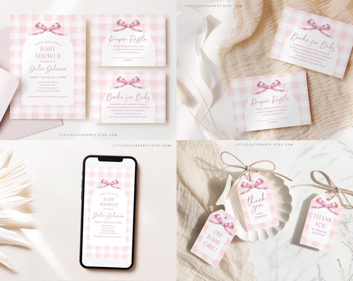 Editable Pink Bow Baby Shower Invitation Bundle, Pink Gingham Baby Shower Bundle Set with Baby Game Bundle and Shower Decorations PGHBS001