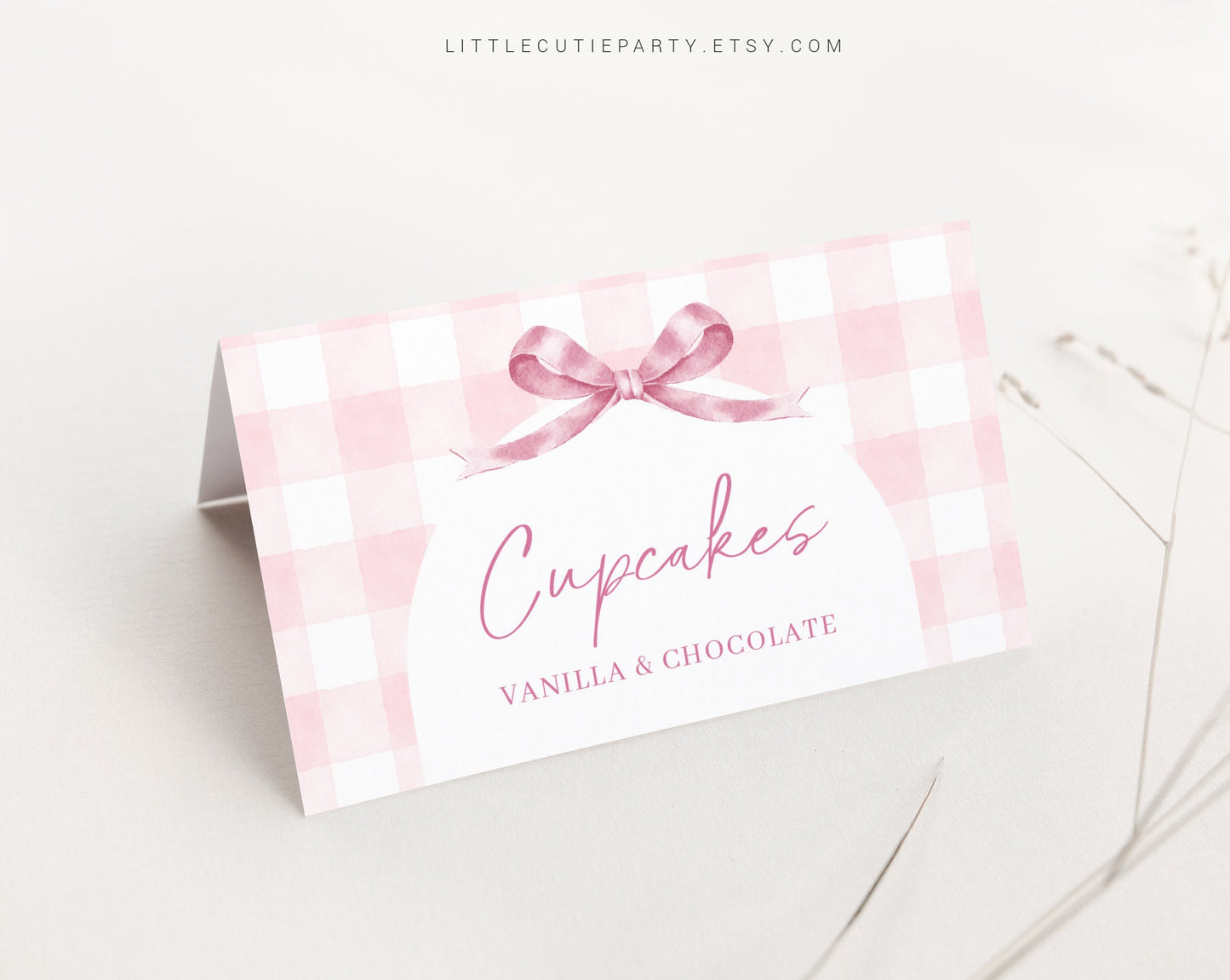 Editable Pink Gingham Baby Shower Food Labels, Food Tent cards, Folded Food Cards for Pink Bow Baby Shower Decorations Theme PGHBS001