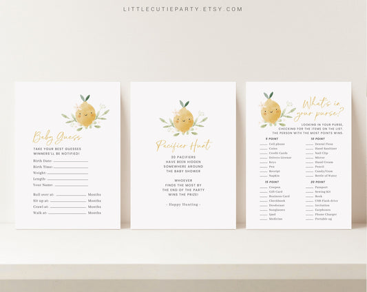 10 Editable Lemon Baby Shower Games, Lemon Gender Neutral Baby Shower Games Bundle, Lemon Theme Baby Shower Party Games LMNBS002