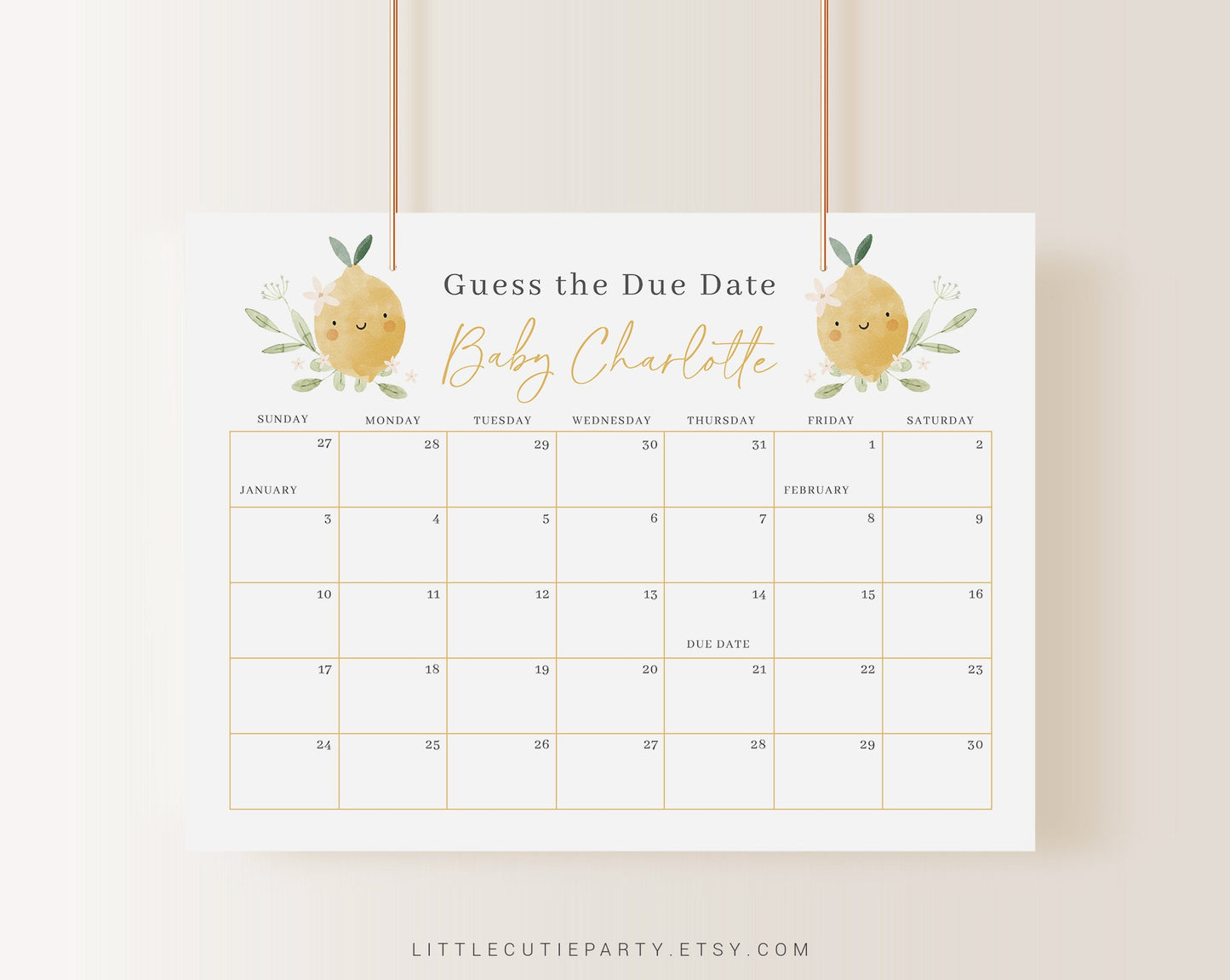 Editable Lemon Baby Shower Calendar, Lemon Due Date Calendar, Baby Shower Due Date Calendar Games for Shower LMNBS002