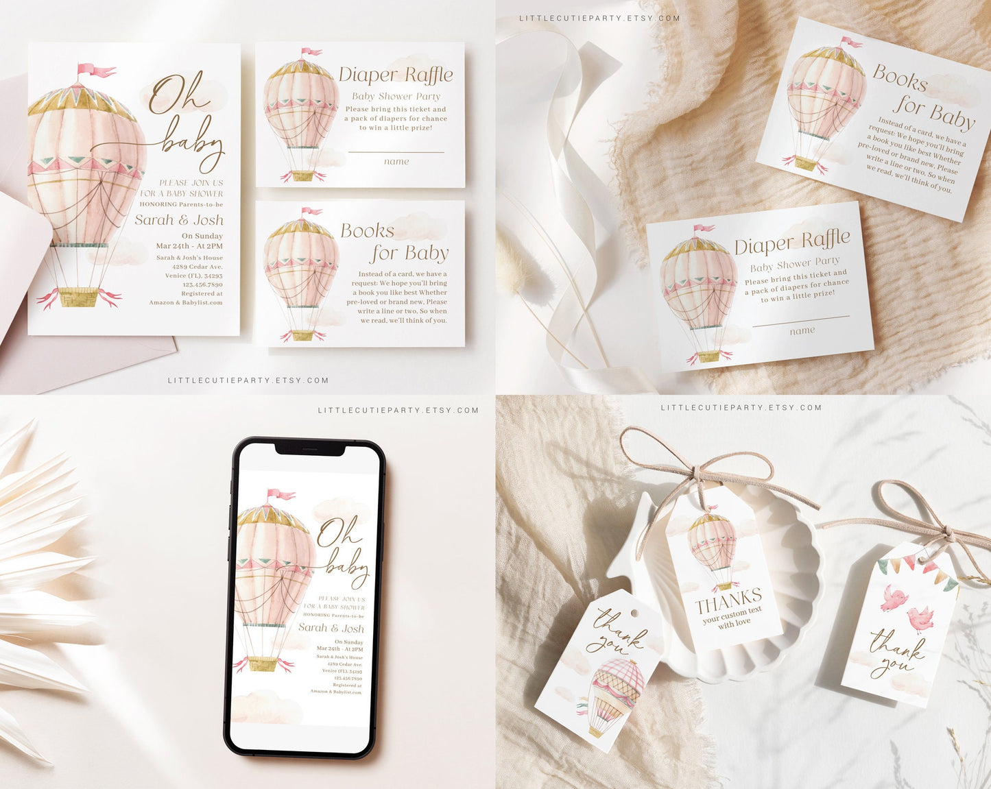 Editable Pink Hot Air Balloon Baby Shower Invitation Bundle, Oh Baby Girl Baby Shower, Games Bundle, Pink Hot Air Balloon Decor PHBBS001