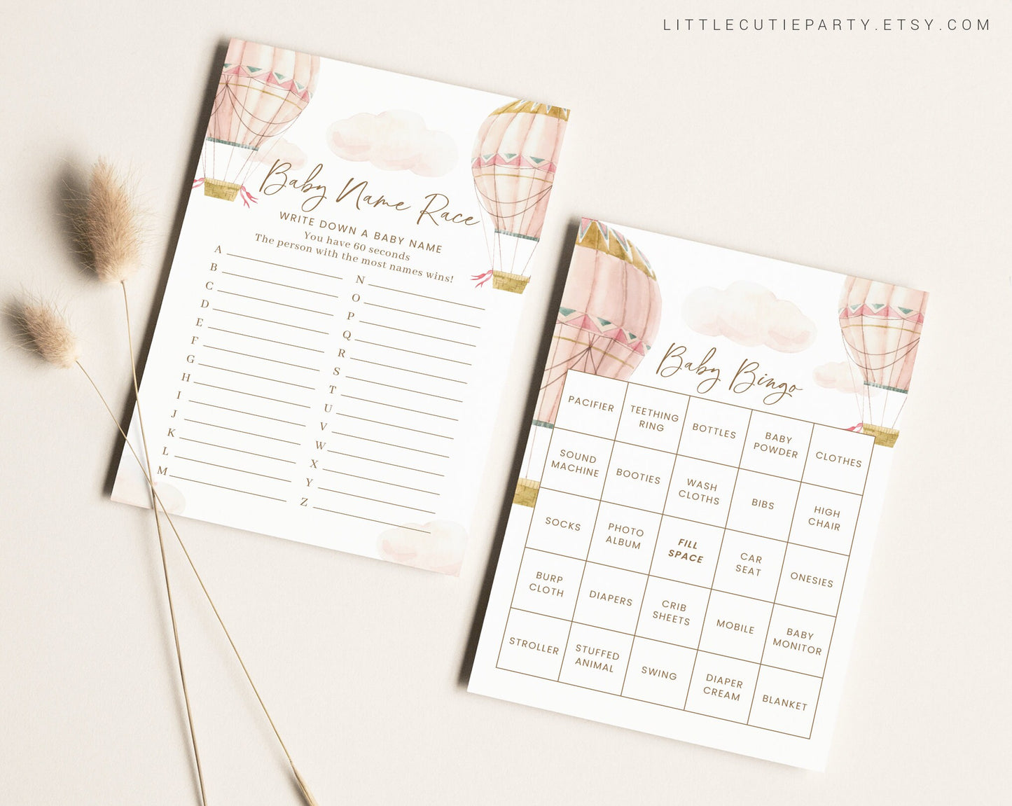 10 Editable Pink Hot Air Balloon Baby Shower Games, Pink Baby Shower Games Bundle, Baby Girl Baby Shower Activity PHBBS001