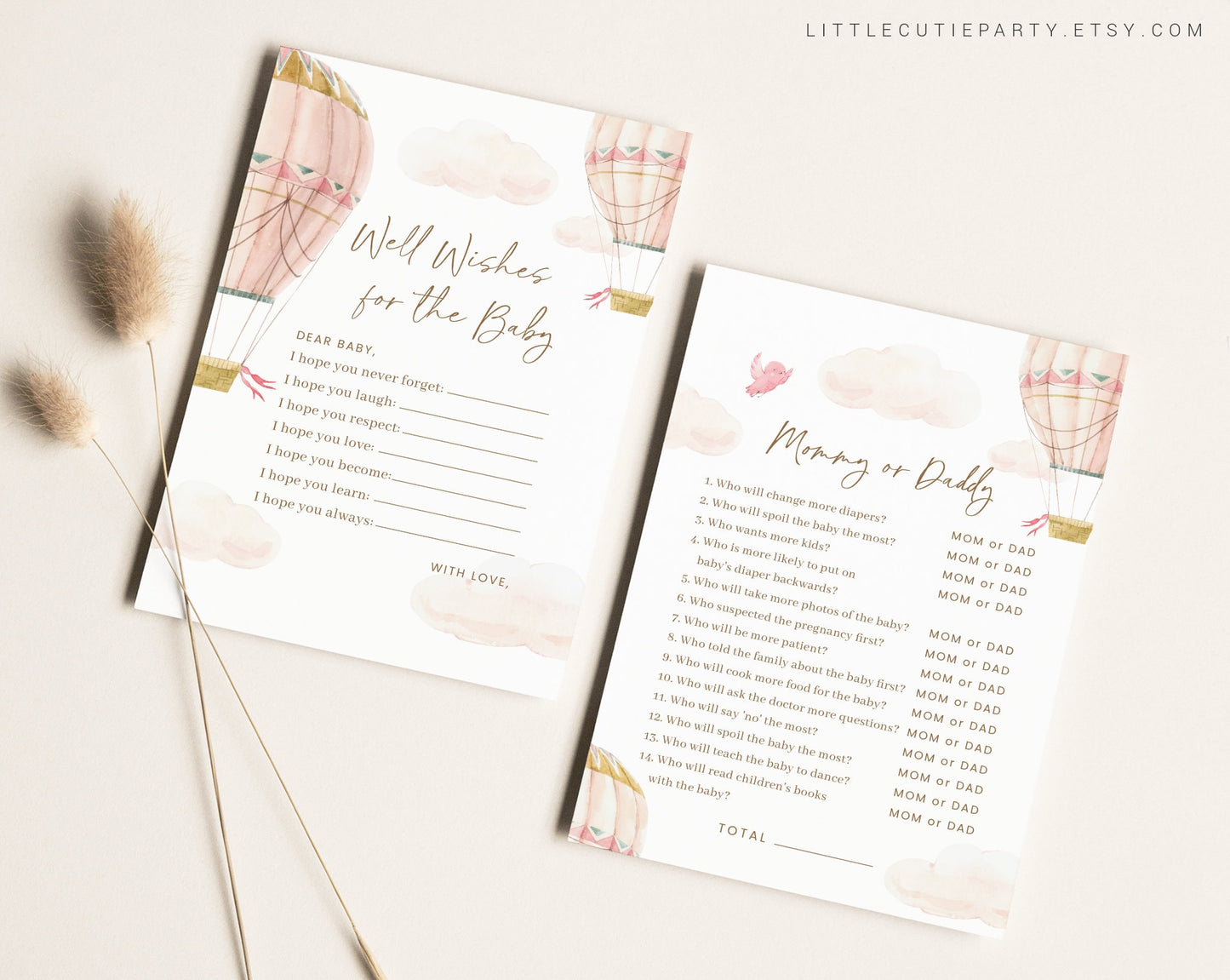 10 Editable Pink Hot Air Balloon Baby Shower Games, Pink Baby Shower Games Bundle, Baby Girl Baby Shower Activity PHBBS001