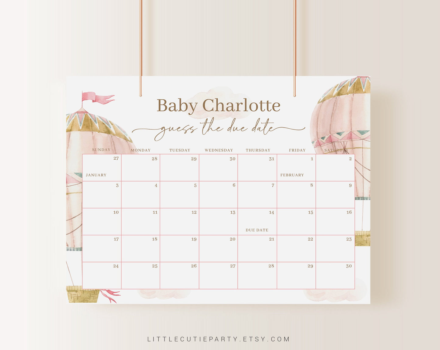 Editable Pink Hot Air Balloon Baby Shower Calendar, Baby Girl Due Date Calendar, Pink Hot Air Balloon Baby Shower Games PHBBS001