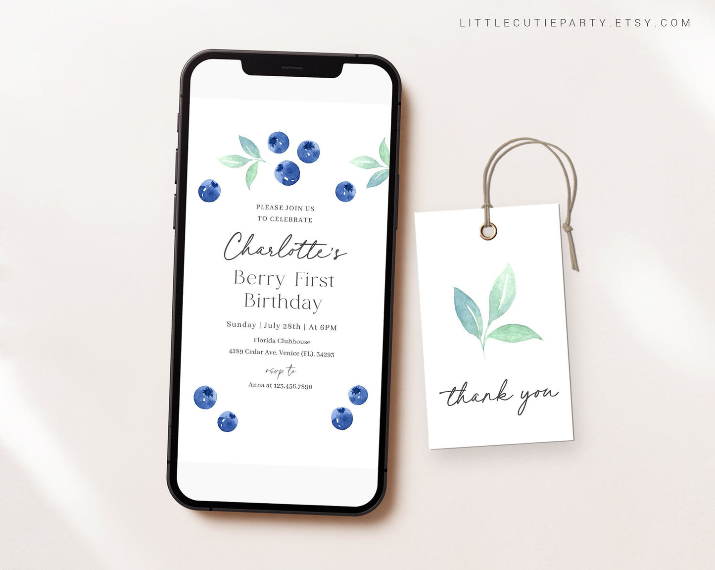 Editable Blueberry Birthday Invite, Berry First Birthday Evite Template with Picture, Berry First Digital Invitation with Gift Tag BLUEBD001