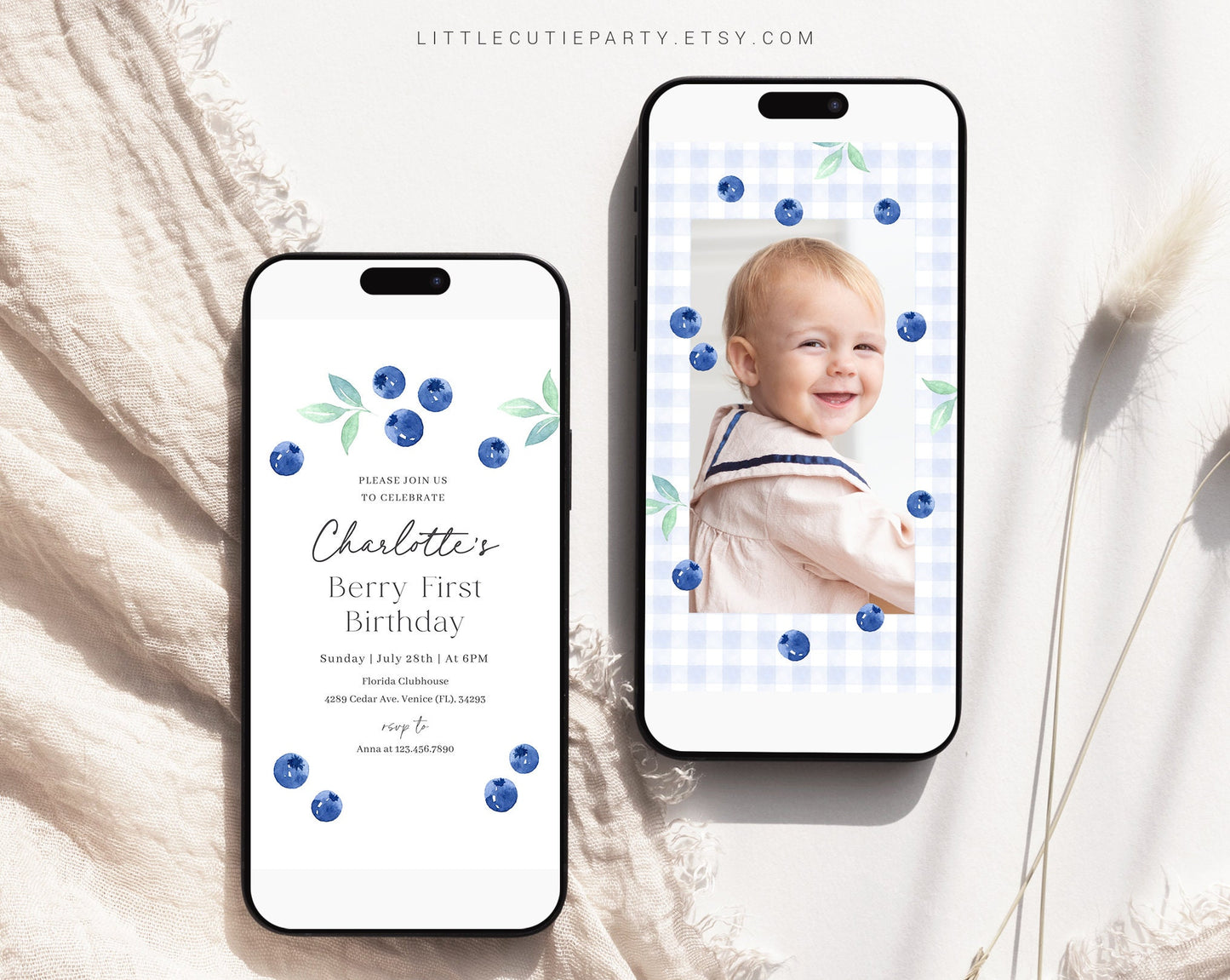 Editable Blueberry Birthday Invite, Berry First Birthday Evite Template with Picture, Berry First Digital Invitation with Gift Tag BLUEBD001