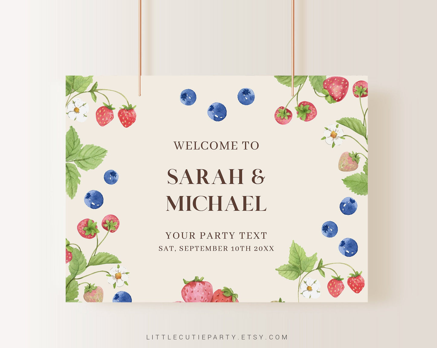 Editable Berry Baby Shower Banner, Blueberry and Strawberry Baby Shower Decorations, Backdrop for Berry Baby Shower Welcome Sign BERGR001