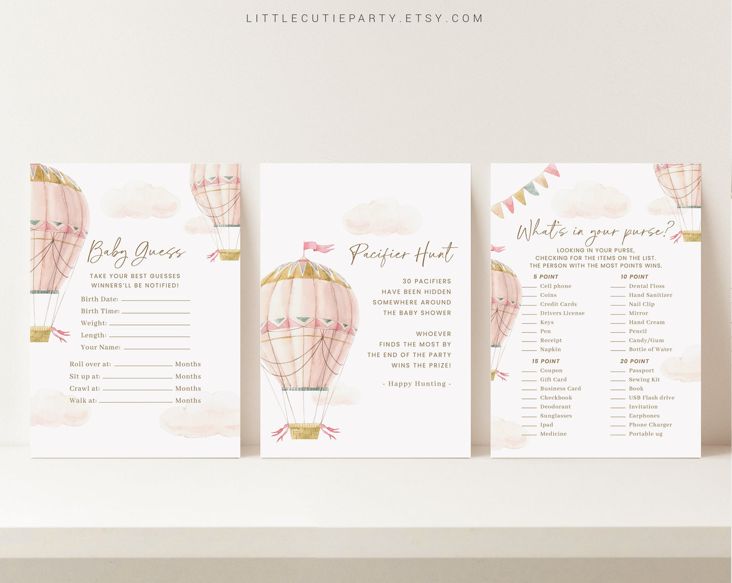 10 Editable Pink Hot Air Balloon Baby Shower Games, Pink Baby Shower Games Bundle, Baby Girl Baby Shower Activity PHBBS001