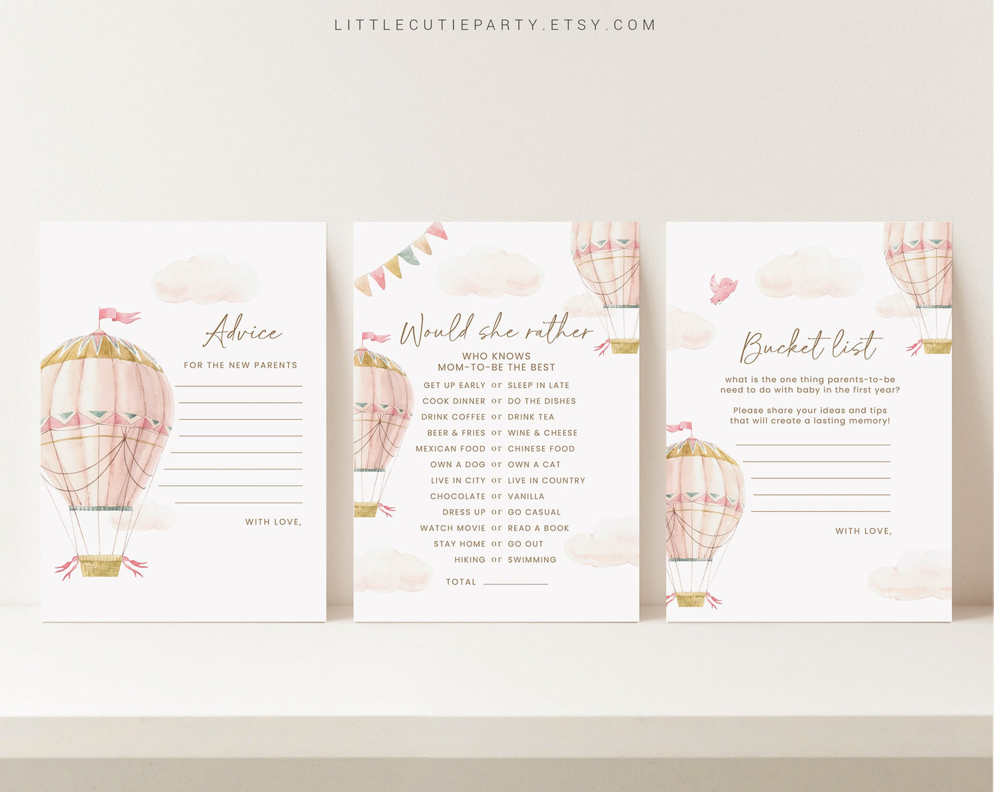 10 Editable Pink Hot Air Balloon Baby Shower Games, Pink Baby Shower Games Bundle, Baby Girl Baby Shower Activity PHBBS001