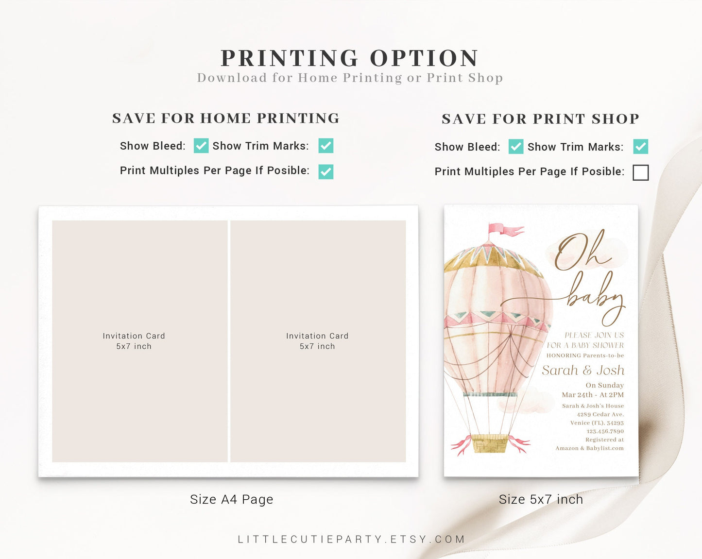 Editable Pink Hot Air Balloon Baby Shower Invitation, Oh Baby Girl Baby Shower Invite with Diaper Raffle, Books for Baby, Gift Tag PHBBS001