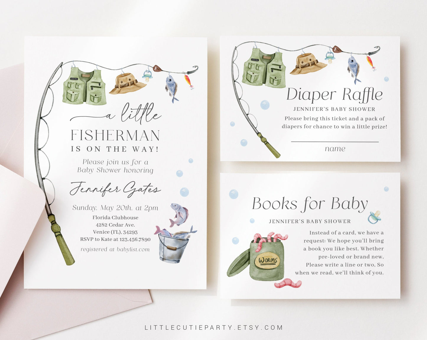 Editable A Little Fisherman Baby Shower Invitation, Fishing Baby Shower Invite with Diaper Raffle, Books for Baby Boy and Gift Tag LFMBS001