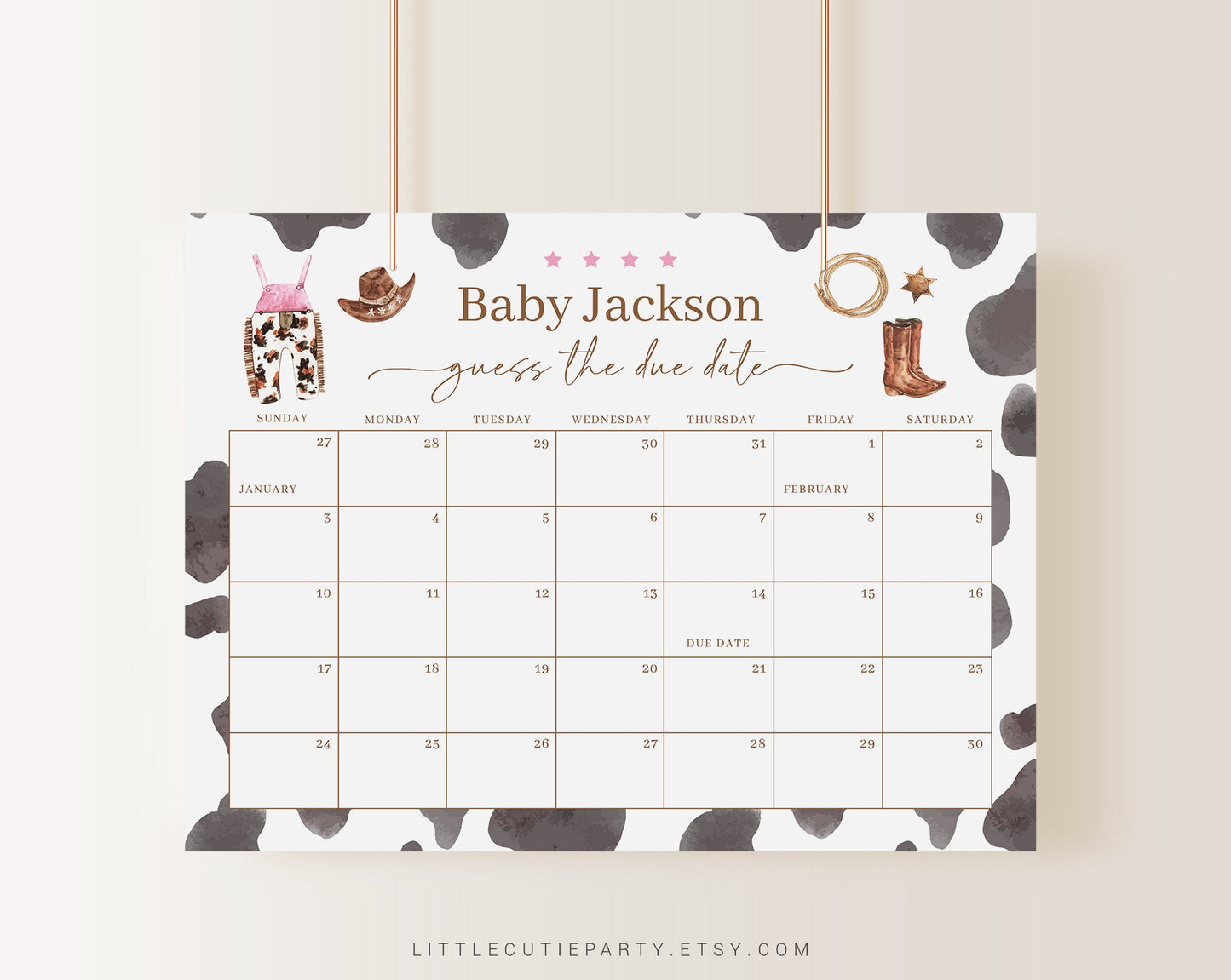 Editable Cowgirl Baby Shower Calendar, Cowgirl Due Date Calendar, Baby Shower Due Date Calendar Games for Shower CWGBS001
