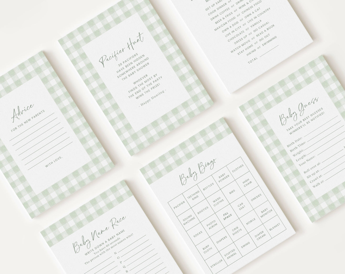 10 Editable Sage Green Gingham Baby Shower Games, Baby Boy Shower Games Bundle, Green Gingham Set Neutral Baby Shower Party Games GGHBS001