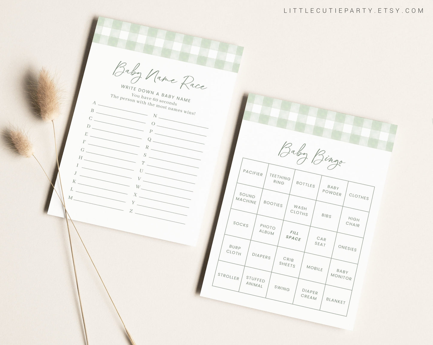 10 Editable Sage Green Gingham Baby Shower Games, Baby Boy Shower Games Bundle, Green Gingham Set Neutral Baby Shower Party Games GGHBS001