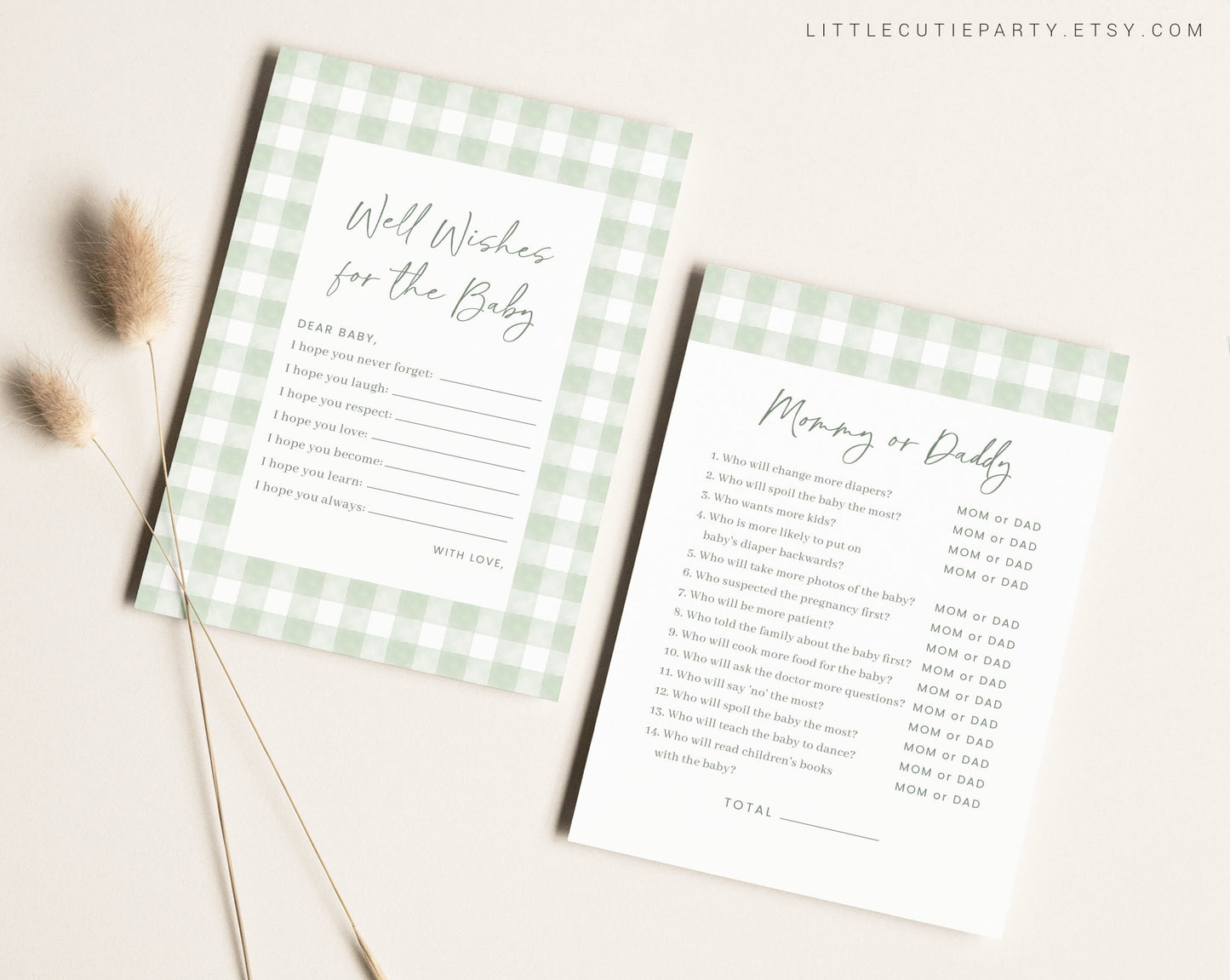10 Editable Sage Green Gingham Baby Shower Games, Baby Boy Shower Games Bundle, Green Gingham Set Neutral Baby Shower Party Games GGHBS001